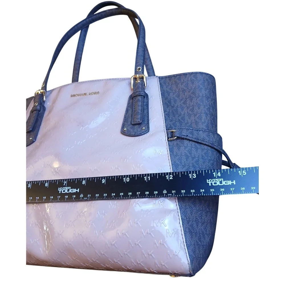 Michael Kors Voyager Tote Brown Pink Monogram Patent Mixed Media Shoulder Bag